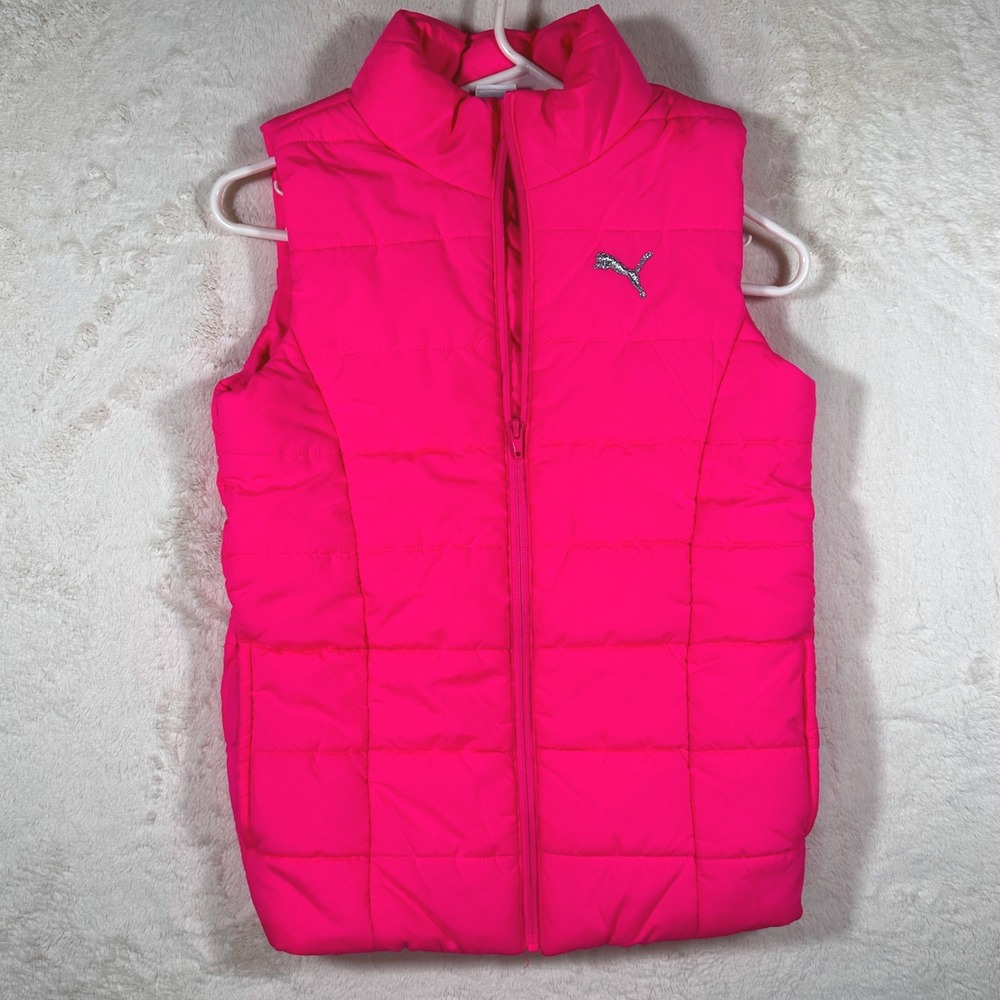 Puma Kids Puffer Vest Bright Pink Girls Size M 10 12 Zip Up Sleeveless